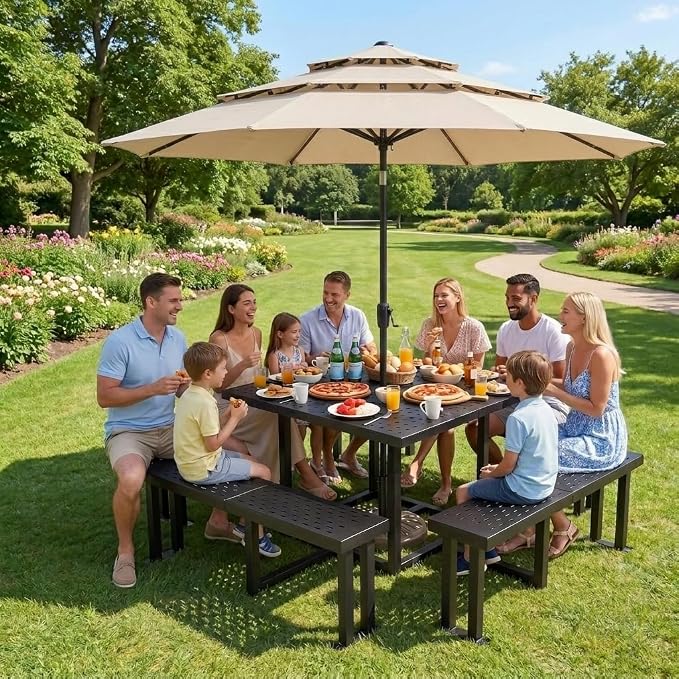 DWVO 38" Square Metal Picnic Table with Umbrella Hole - Heavy Duty Q235 Carbon Steel Outdoor Table Set for Patio, Backyard, and Lawn - Industrial Steel Construction