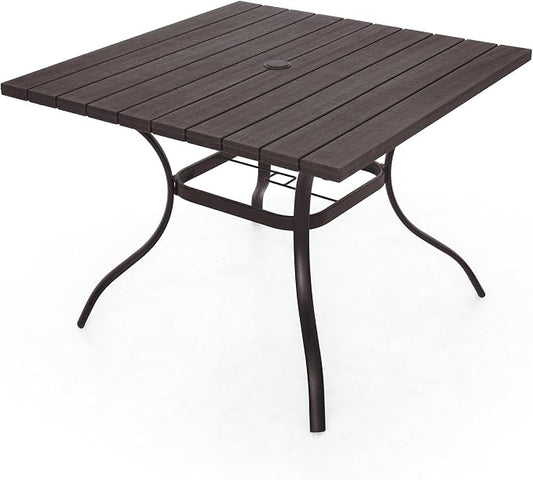 Anmutig Outdoor Dining Table with 1.6" Umbrella Hole, 37" Square Plastic Patio Table with Metal Steel Frame for Picnic, Garden, Poolside, Backyard, Brown