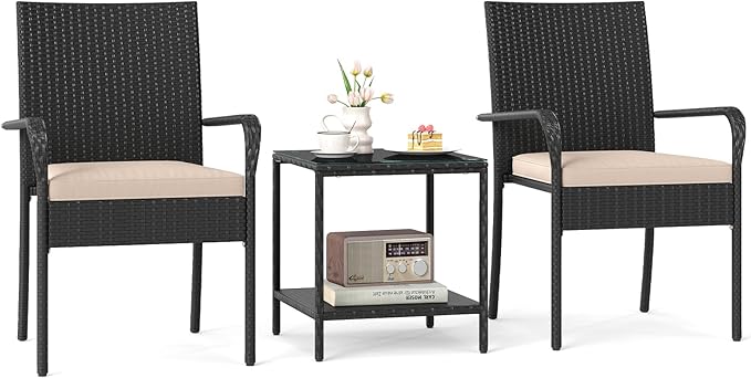 Tangkula 3 Pieces Patio Furniture Set, PE Rattan Outdoor Cushioned Conversation Chairs with 2-Tier Tempered Glass Tabletop Table, for Balcony, Garden and Poolside (Beige)