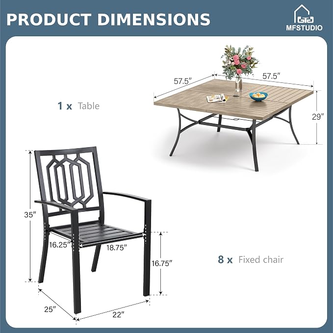 MFSTUDIO Patio Dining Set for 8, Patio Table and Chairs Set with Umbrella Hole, 9 Piece Metal Outdoor Dining Set, Outdoor Patio Furniture Set for Deck Backyard Poolside Garden