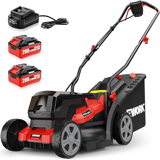 EWORK 40V Electric Lawn Mower Cordless, 14" Electric Push Mower with Grass Catchers, 2x4.0Ah Batteries & Charger, 6-Height Adjustment, 21Lbs Lightweight Battery Powered Lawnmower for Small Yard