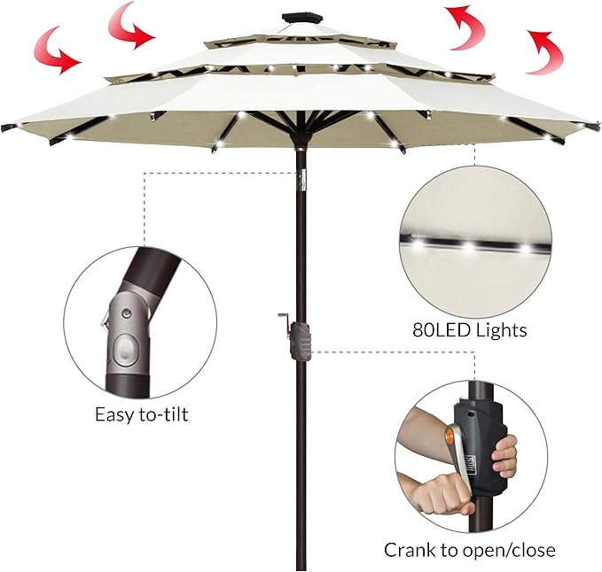 EliteShade USA 10-Year-Non-Fading 9ft 3-Tier Market Patio Umbrella, Commercial Table Umbrella with 80 Solar LED Lights, Crank Open, Windproof & UPF 50+ UV Protection for Garden, Deck, Pool, Backyard, Natural