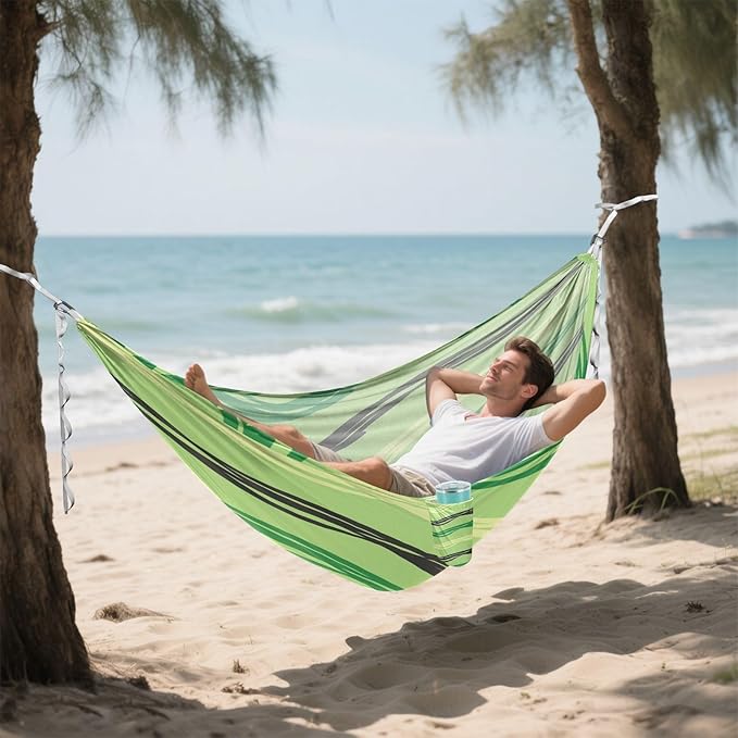 Qilmy Green Black Lines Camping Hammock Single – 330 lbs Capacity, Lightweight with Tree Straps & Carabiners, Portable for Hiking, Travel, Backpacking