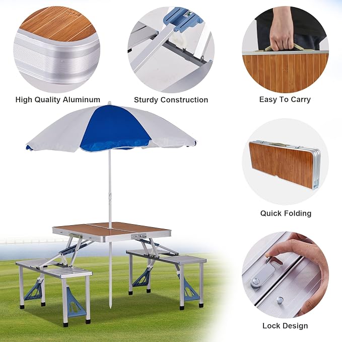 Picnic Table Folding Portable 4-Person Fold Up Travel Camping Table for Indoor, Outdoor Travel, Patio, Lawn, Garden (Bamboo Table)