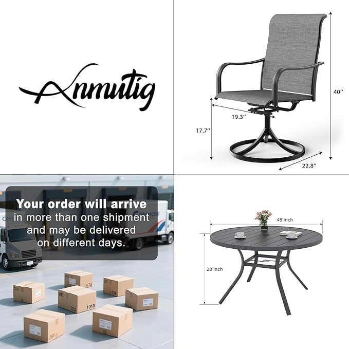Anmutig 4 Person Patio Table and Chairs Set with High Back Outdoor Swivel Chairs and 48 inch Round Table, All Weather Resistant for Outdoor - Grey Style2