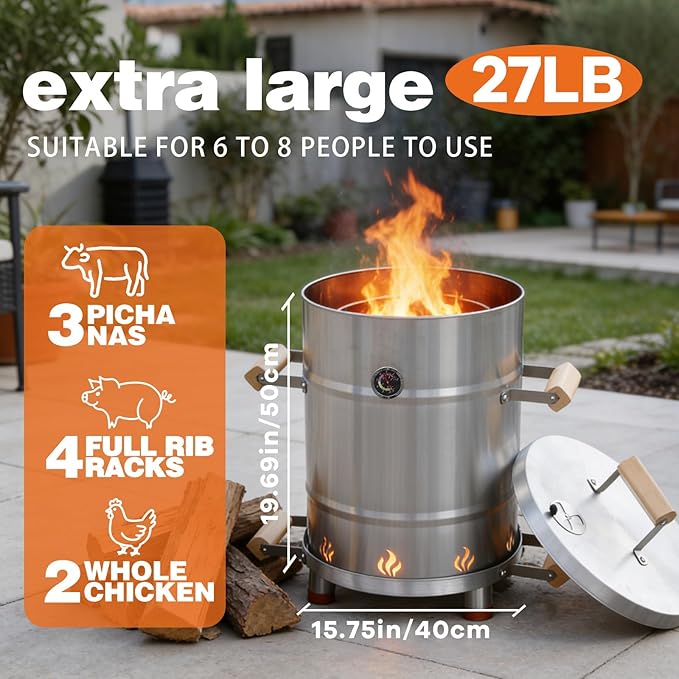 Charcoal Barrel Smoker Grill Combo, 100% Premium 304 Stainless Steel | 95% Less Smoke & Even Heat, Easy Clean Outdoor BBQ Cooker for Backyard & Balcony (Medium, 25 LBS Capacity)