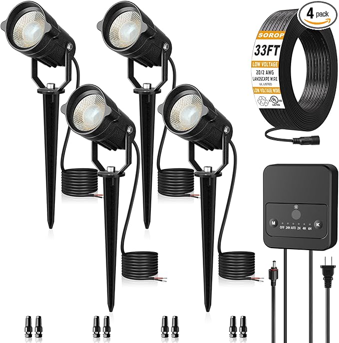 Landscape Lighting Kit, Low Voltage Landscape Lights with Dusk to Dawn Transformer 33FT Wire, Waterproof Outdoor Landscape Lights 3000K 12-24V, Outdoor Spotlight for Yard House 4Pack