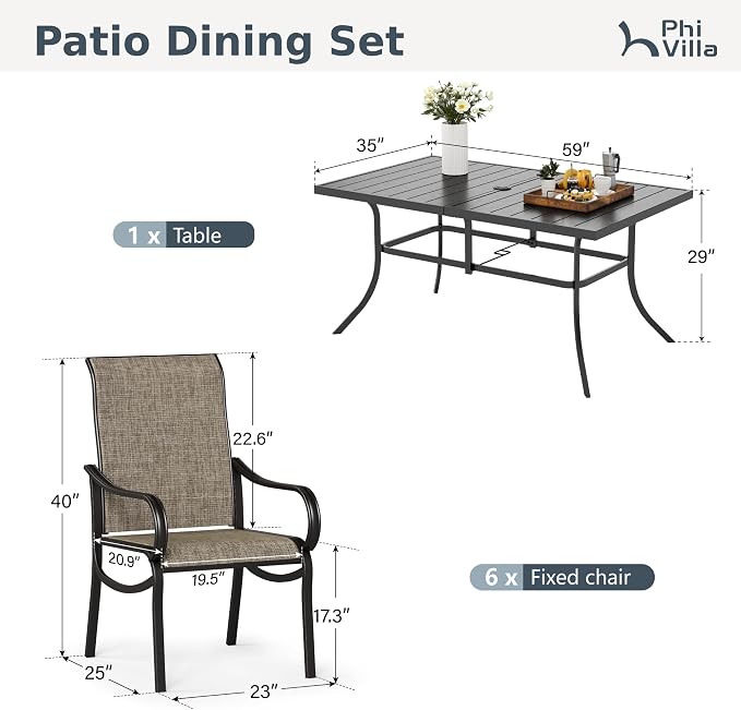 PHI VILLA 7 Pcs Outdoor Dining Set for 6, Mesh Patio Chairs & Metal Table | 59'' metal rectangular table with umbrella hole and 6 breathable textilene chairs, designed for deck, backyard, garden