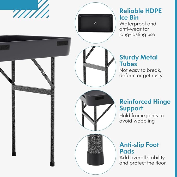 S AFSTAR 4 Foot Ice Tables for Parties with Drain, Folding Cooler Table Outdoor with Foldable Bucket, Removable Skirt, Portable Chill Cooler for Drinks Beverages, Party Ice Bin Table for BBQ Wedding