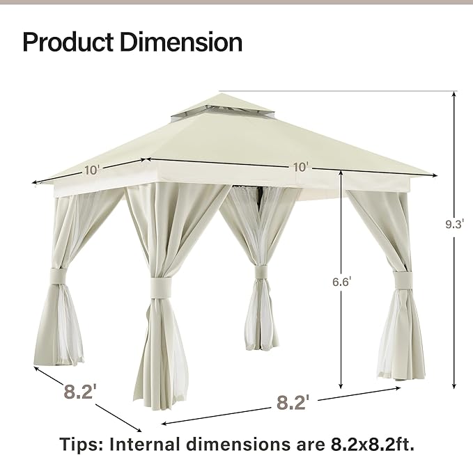 LAUSAINT HOME 10'x10' Outdoor Gazebo, Metal Frame Heavy Duty Patio Canopy Tent Shelter with Double Roofs, Mosquito Nettings and Privacy Screens for Backyard, Garden, Lawn, Cream White