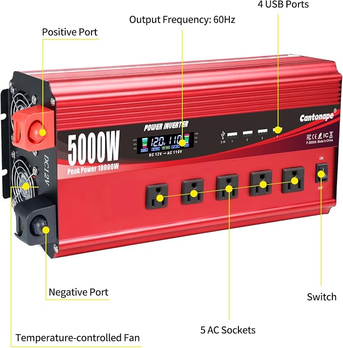 Cantonape 5000W Power Inverter 12V to 110V/120V DC to AC with LCD Display, Remote Controller 5 x AC Outlets and 4 x 3.1A USB Car Adapter for Car Truck Boat RV Solar System