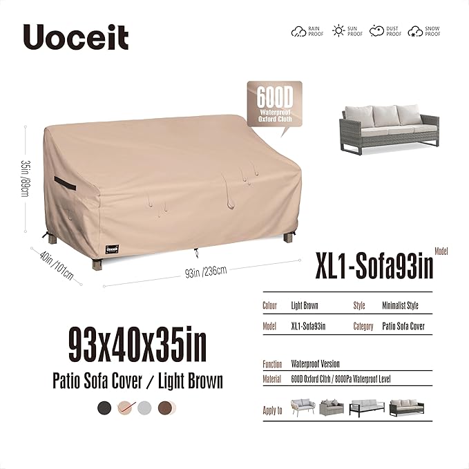 3-Seater Outdoor Couch Cover, 93Wx40Dx35H inches Outdoor Furniture Covers Waterproof，100% Waterproof Heavy Duty Patio Furniture Covers,Light Brown Minimalist Style Outdoor Sofa Cover.