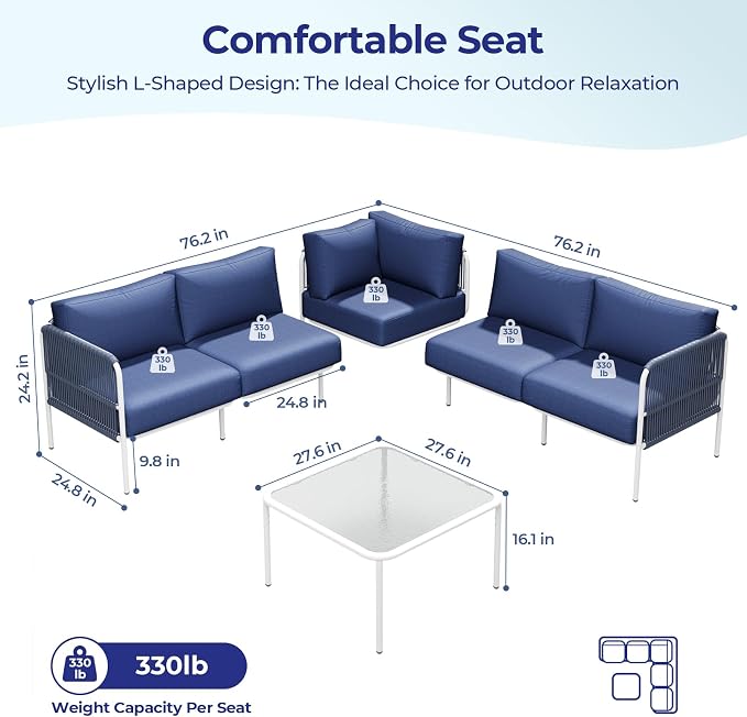 Jocoevol 6-Piece Outdoor Patio Furniture Set - L-Shaped Sectional Sofa with Side Table & Thick Cushions - All-Weather Metal Conversation Set for Backyard, Garden, Balcony