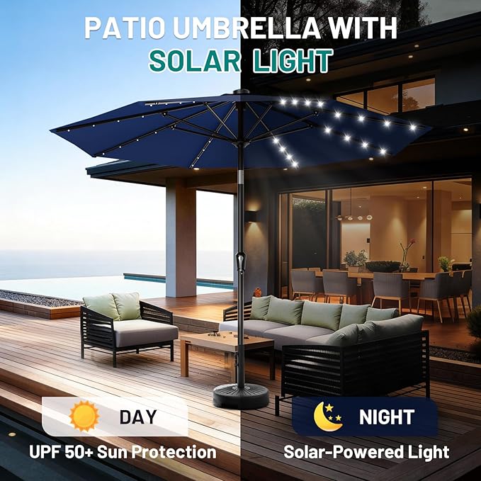 AreShark 9FT Patio Umbrella with Solar Lights, 32 Lighted Pool Umbrella w/Tilt and Crank, Outdoor Market Solar Umbrellas for Garden, Deck, Backyard, Pool and Beach, Navy