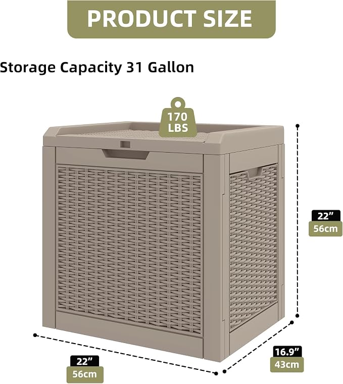 35 Gallon Outdoor Storage Box, Weather-Resistant Resin Deck Box, Multi-Purpose Lockable Patio Bin, Waterproof Garden Tool Organizer, Portable Cushion Chest for Poolside & Backyard