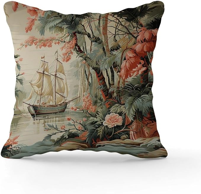 Moore Manor Antique Chinoiserie Pillowcase Vintage Boats and Flowers Throw Pillow Cover Retro Decorative Cushion Cases Home Decor for Patio Couch Sofa Office 18x18 in