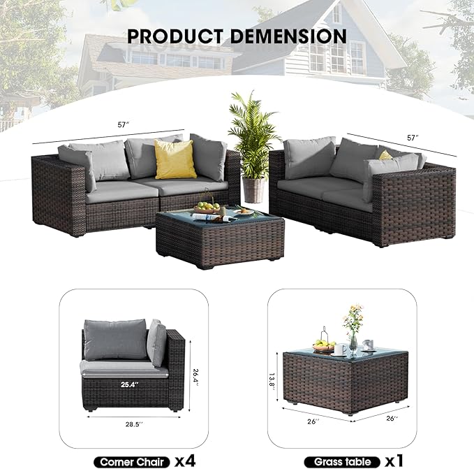 Patio Furniture Set 5 Piece All Weather PE Rattan Outdoor Sectional Sofa Couch with 4 x arm Sofa, No-Slip Cushions and Glass Top Table for Garden, Poolside, Backyard (Gray)