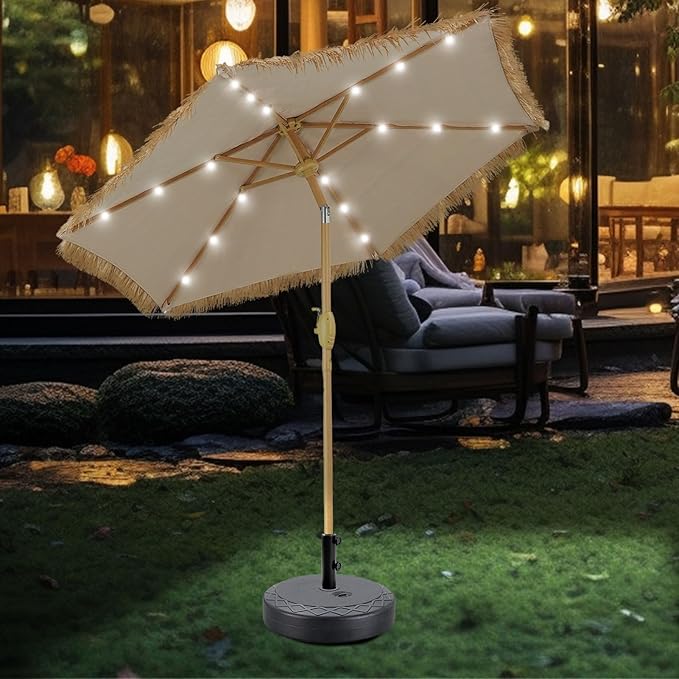 GDY 7.5ft Tiki Patio Umbrella and Matching Base, Outdoor Table Umbrella with 18 LED Lights, Market Umbrellas for Garden, Beach, Deck, Backyard & Pool