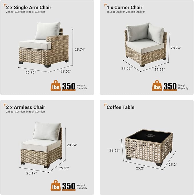 ovios 6 Piece Patio Sectional Furniture, Rattan Wicker Coversation Couch Set, Outdoor Sofa Set for Outside Porch Balcony Backyard Pool,Light Grey