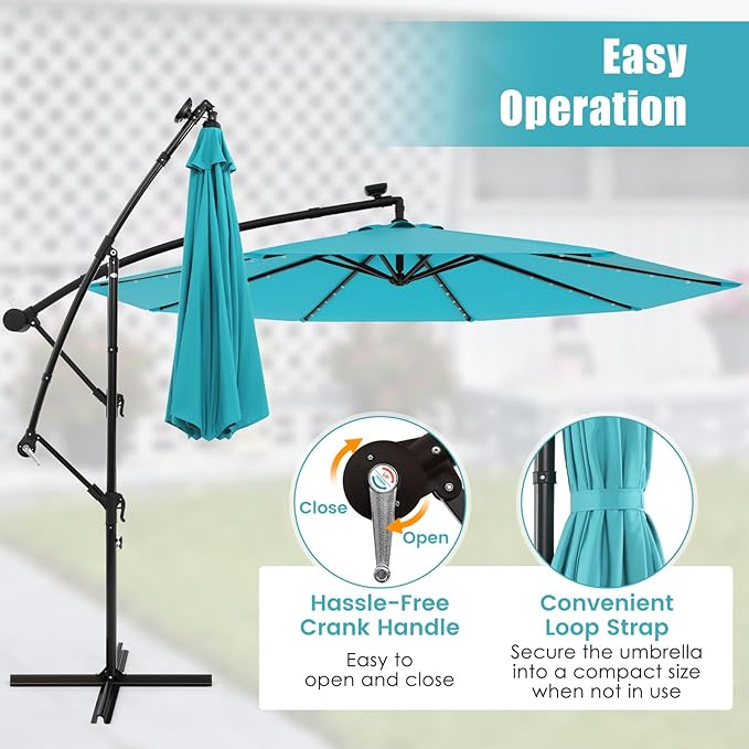Tangkula 10 Ft Patio Offset Umbrella, 40 LED Lighted Market Umbrella W/8 Sturdy Ribs, Easy Tilt Adjustment & Crank, Polyester Shade, Ideal for Backyard, Garden, Seaside, Store, Pool (Turquoise)