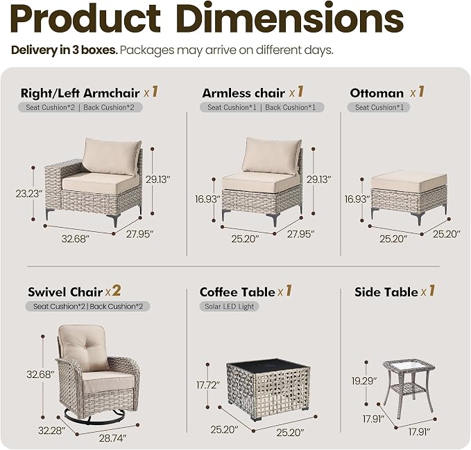 8-Piece Wicker Outdoor Sectional Furniture, Wide Armrest Patio Couch with Swivel Rocking Chair Ottoman Solar Table, Modular Sofa Rattan Conversation Sets for Backyard Deck Garden, Beige