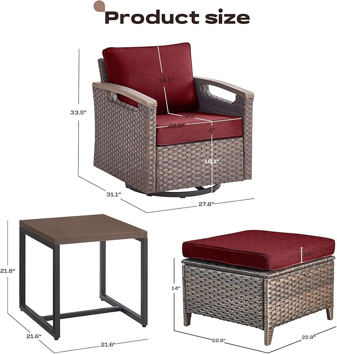 Rilyson Wicker Outdoor Patio Furniture Set - 5 Piece Patio Conversation Sets with Swivel Rocker Chairs, Ottomans and Side Table, Thick Cushions, Waterproof Wicker, for Porch Deck Brown/Red