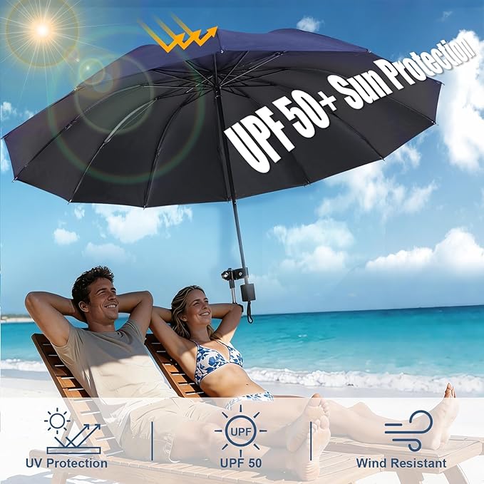 Beach Chair Umbrella with Clamp 360° Adjustable Clip On Umbrella for Camping Chair UPF 50+ UV Protection Sun Shade Portable Stroller Umbrellas for Travel, Wheelchair, Boat, Patio, Golf Cart