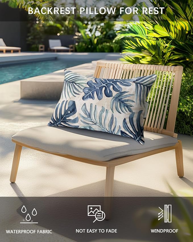 Pack of 2 Outdoor Lumbar Pillow Covers 11x16 Inch, Navy Blue Monstera Deliciosa Waterproof Throw Pillow Covers Set, Summer Botanical Tropical Vintage Decorative Cushion Cases for Patio Porch Car