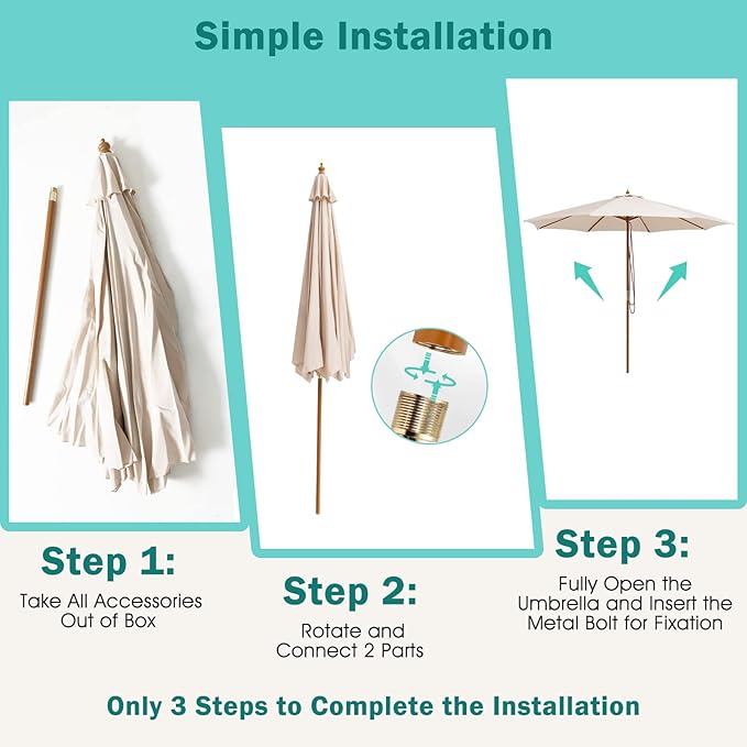 Giantex 10FT Patio Umbrella, Outdoor Table Market Umbrella with 8 Bamboo Ribs, Pulley Lift and Ventilation Hole, Outdoor Sunshade Umbrella for Poolside Backyard Beach