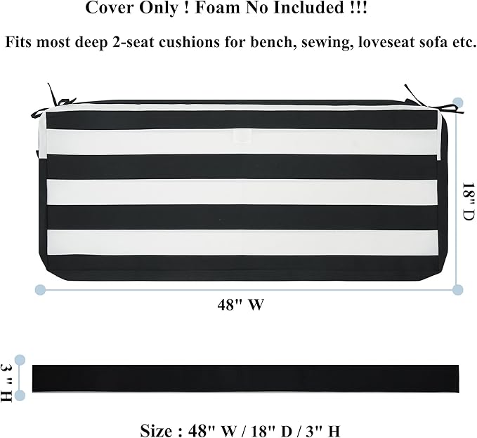 FUNHOME Outdoor Cushion Covers,48" x 18" x 3", No Insert! Patio Cushion Covers Replacement for Outdoor Furniture,Water Resistant Patio Bench Loveseat Covers 1 Pack, Black White Stripe(Covers ONLY)
