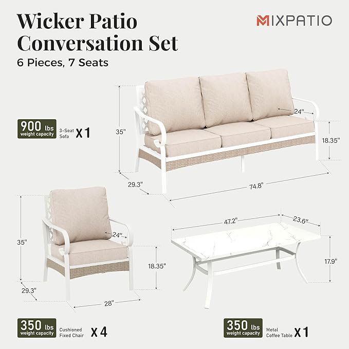 4 Piece Metal Patio Furniture Set, 5-Seat All Weather Outdoor Conversation Set with 3-Seat Sofa & 2 Fixed Chairs & 47'' Coffee Table, Outdoor Furniture Set for Backyard, Deck, Garden, White/Light Grey