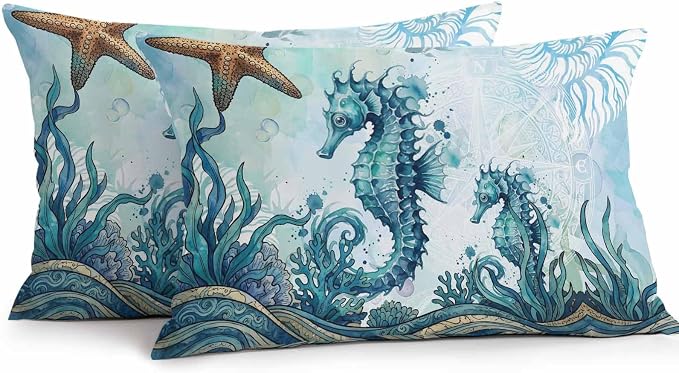 Ocean Seahorses Outdoor Pillow Covers 20x12 Inch Lumbar Pillow Covers Set of 2 Waterproof Decorative Throw Pillow Cases Coastal Animals Seaweed Strafish Compass Blue Cushion Covers for Patio Furniture