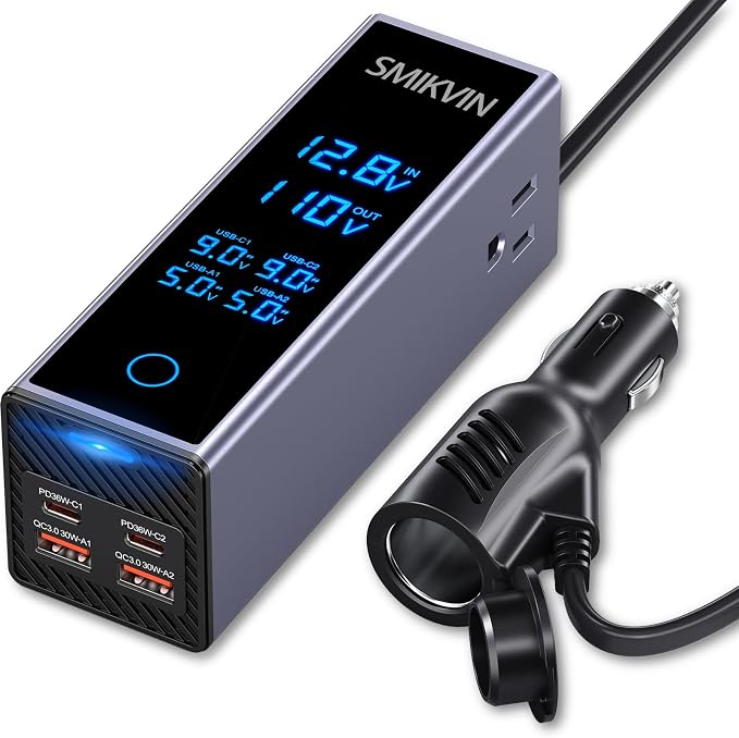 300W Car Power Inverter - 12V to 110V AC Converter with 2 AC Outlets & 4 USB Ports (2 PD 36W + 2 QC3.0 30W), Voltage Display, Cooling Fan for Laptop/CPAP/Travel