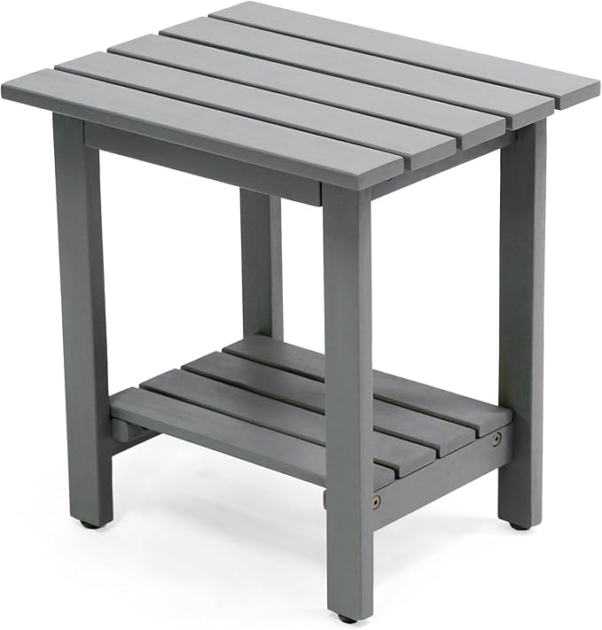 JONATHAN Y Kellie 16" Modern Gray Acacia Wood Outdoor Side Table with 2-Tier Storage, Weather-Resistant Rectangular Slatted End Table for Patio, Garden, Deck, and Porch END6001G