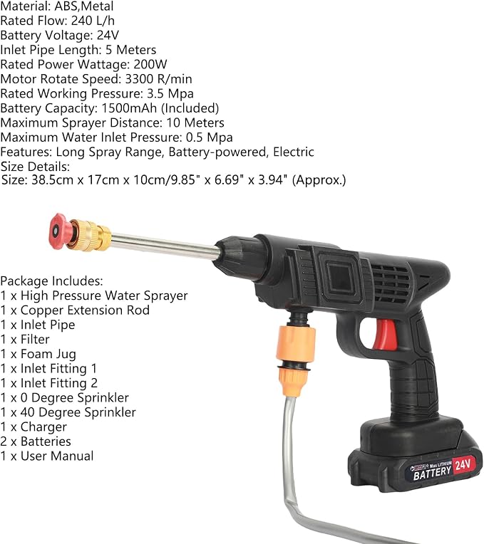 Cordless Pressure Washer, 24V Portable Power Washer with Copper Motor, 1500mAh Battery, 3 Spray Modes & Foam Jug, for Car Cleaning, Outdoor, Windows, Floors, Fences (Black)