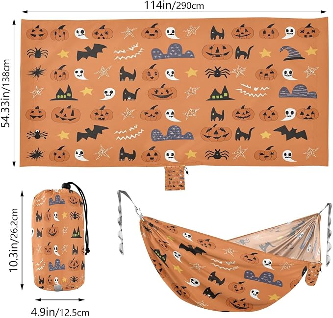 Halloween Print Pumpkin Camping Hammock, Portable Lightweight Single Hammock with Tree Straps and Aluminum Carabiners, 114" x 54" Travel Hammock for Hiking Backpacking Beach