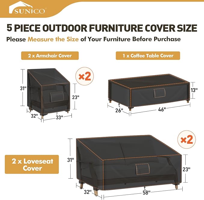 SUNICO Patio Furniture Set Covers, 5 Piece Patio Covers for Outdoor Furniture Waterproof, 420D Outdoor Furniture Cover, UV Fade Protection, Tear-Resistant, Black