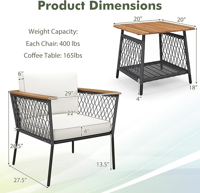 Tangkula 3 Piece Patio Furniture Set, Rattan Chair Set w/ 2-Tier Coffee Table, Acacia Wood Armrests & Tabletop, Soft Seat & Back Cushions, Outdoor Wicker Conversation Set (Off White+Grey)