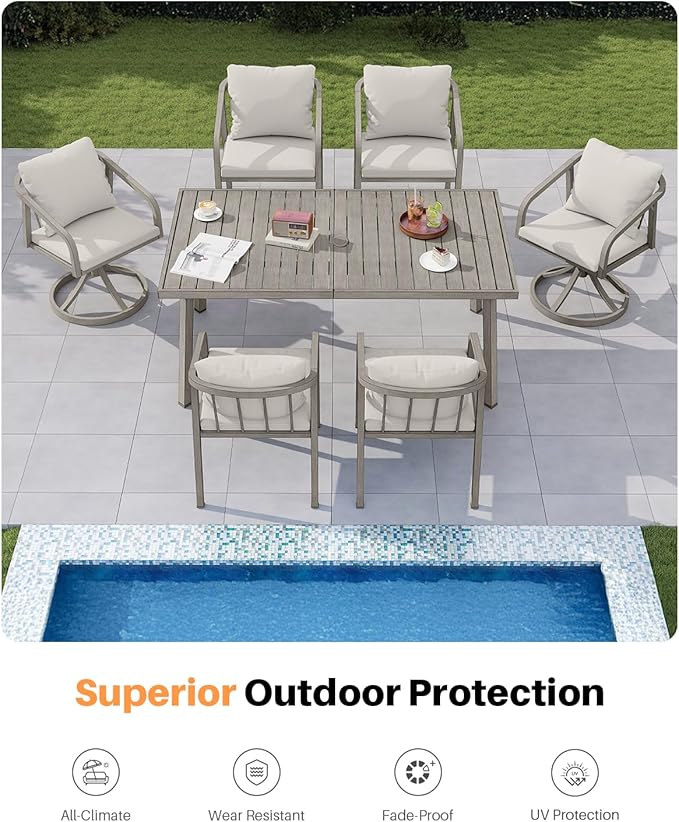 7 Pieces Outdoor Dining Set, Never-Rust Aluminum Patio Dining Set for 6, Outdoor Dining Table Set with 2 Swivel Chairs, 4 Dining Chairs, Patio Furniture Set for Porch, Garden, Gray Oak