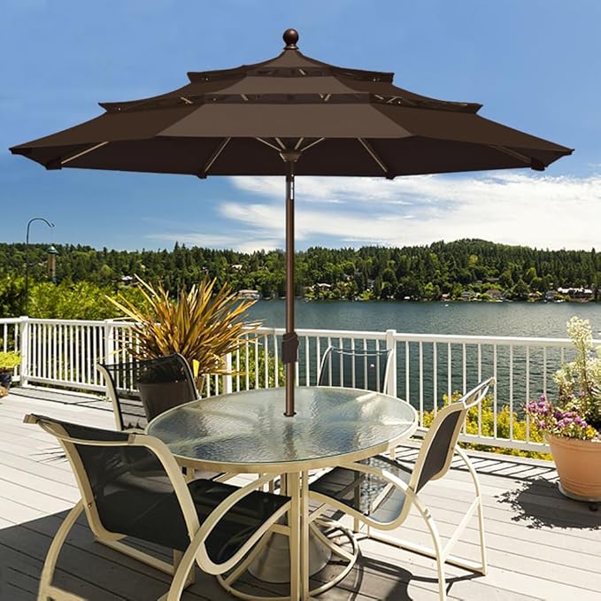 EliteShade USA 10-Year-Non-Fading 9ft 3-Tier Market Patio Umbrella, Commercial Grade Outdoor Table Umbrella with Crank Open, Windproof & UPF 50+ UV Protection, Heavy Duty Ventilation for Garden, Deck, Pool, Backyard, Beach & Bistro, Chestnut