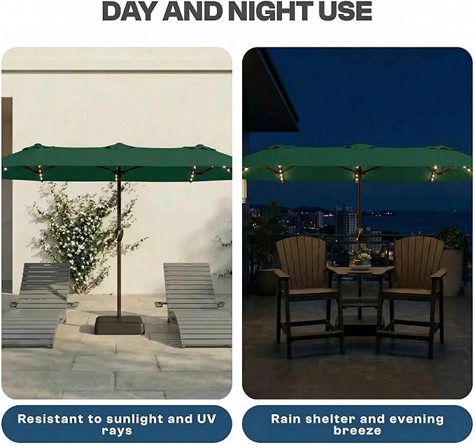15FT Patio Umbrella with Solar Lights, Double-Sided Extra Large Outdoor Table Umbrella with Base Included, Heavy-Duty 12 Iron Ribs Market Umbrella for Garden, Pool, Backyard, Forest Green