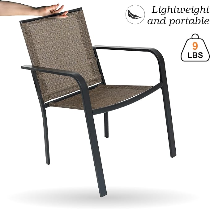 Anmutig 3-Piece Outdoor Dining Set, Small Metal Bistro Table with 2 Stackable Sling Chairs, 27.5 x 27.5 Inch Round Table, Brown Fabric