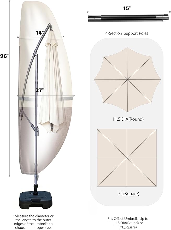 Vailge Patio Umbrella Cover for Offset Umbrella 7-11.5 Feet, 600D Oxford Outdoor Umbrella Cover Waterproof Windproof, Patio & Outdoor Umbrella Cover with Support Pole, Storage Bag