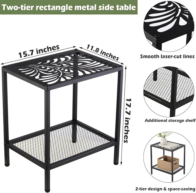 2-Tier Metal Side Table Rectangle Small End Table with Storage Shelf Laser-Cut Leaf Pattern Accent Table Indoor Outdoor Small Space Coffee Table for Living Room, Bedroom, Patio, Plant Stand, Black