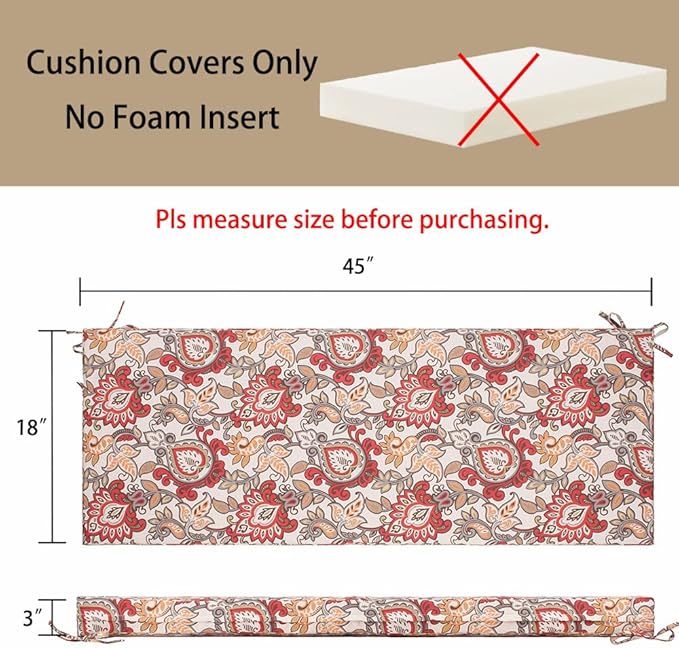 Magpie Fabrics Patio Bench Cushion Cover 45x18x3 Inch, NO Insert! Water Resistant Outdoor Loveseat Replacement Cover with Zipper (Botanical Red Orange)