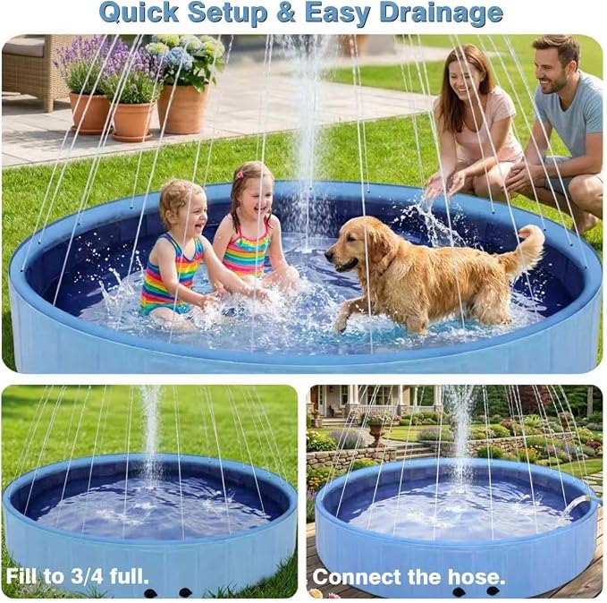 Eooqi Foldable Dog Pool with Sprinkler, 79 Inch Extra Large Thickened Splash Pool, 2-in-1 Outdoor Summer Water Play Toy, Non-Slip Hard-Side Kiddie Pool for Backyard Dogs, Kids & Pets (Blue, 79"-4XL)