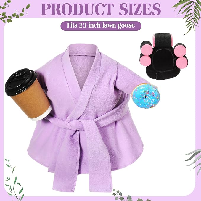 Shyyween 23 Inch Porch Goose Summer Outfit Light Purple Goose Bathrobe Statue Clothes Coffee Cup Curlers for Cement Plastic Lawn Geese Outdoor Garden Yard Patio Decoration