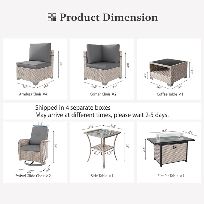 11 Pieces Patio Furniture Set with Fire Pit Table, Outdoor Sectional Wicker Sofa with Thick Cushions, High Back Swivel Rocker Patio Chairs, Rattan Conversation Set with Coffee Table, Grey