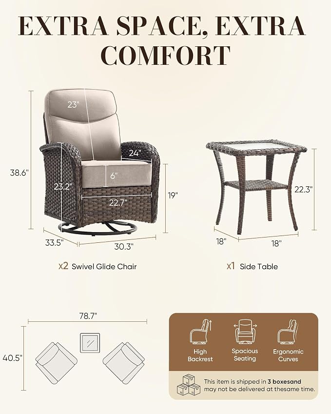 Belord Upgraded 6“ Cushion Luxury 3 Pieces Patio Furniture Set - All Weather Wicker Outdoor Swivel Rocker Patio Chairs of 2 with Side Table, High Back Glider Set for Deck Porch Yard - Brown/Beige