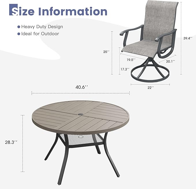 VICLLAX 5 Pieces Patio Dining Set, Patio Furniture Set of 4 Patio Swivel Dining Chairs and 40.6" Patio Spliced Round Tabletop with Storage Shelf, Grey Chairs & Antique Grey Tabletop